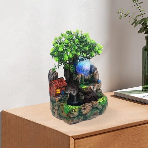 Indendørs vandfontæne - Bordfontæne - RGB LED Farveskift - Støjsvag Drift - Med Grønne Planter - Harpiks - Nem Installation - Til Hjem & Kontor