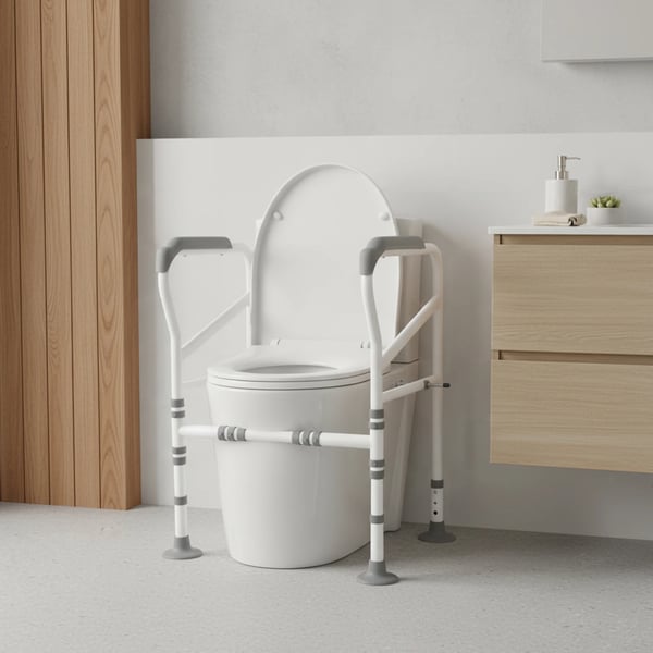 Toiletstøtte - Fritstående sikkerhedsramme - Skridsikre armlæn - Bæreevne 150 kg - Kulstofstål - Gummifødder - Til ældre & handicappede