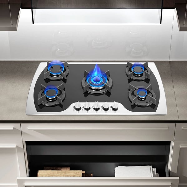 Gaskogeplade - Indbygning - 5 Blus - Hærdet Glas - Elektronisk Tænding - LPG/Naturgas - 3 kW - Drejeknapper - Sort