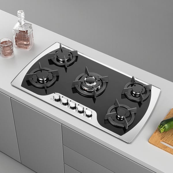Gaskogeplade - Indbygning - 5 Blus - Hærdet Glas - Elektronisk Tænding - LPG/Naturgas - 3 kW - Drejeknapper - Sort