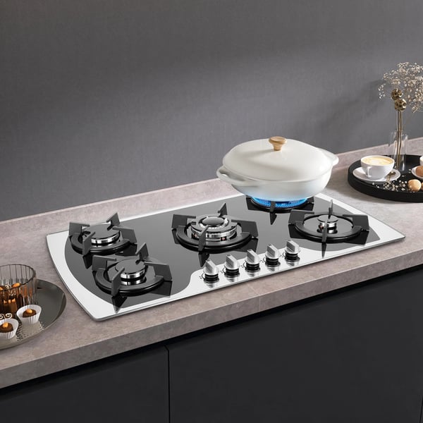Gaskogeplade - Indbygning - 5 Blus - Hærdet Glas - Elektronisk Tænding - LPG/Naturgas - 3 kW - Drejeknapper - Sort