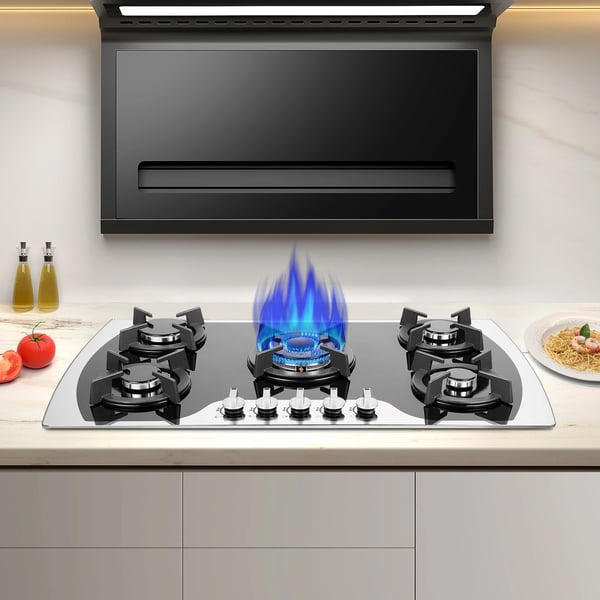 Gaskogeplade - Indbygning - 5 Blus - Hærdet Glas - Elektronisk Tænding - LPG/Naturgas - 3 kW - Drejeknapper - Sort