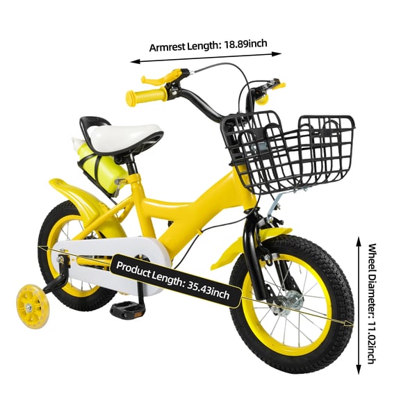 Børnecykel - 30,5 cm hjul - For 2–4 år, 80–95 cm - Maks 50 kg - Foran kaliperbremse, bagbremse - Kulstofstålramme - Gul