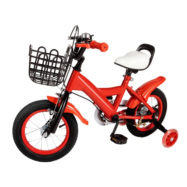 Børnecykel - 30 cm hjul - Støttehjul - Dobbeltbremse (foran kaliber, bag bånd) - Ramme i kulstofstål - Skridsikre greb - Flaskeholder - Rød