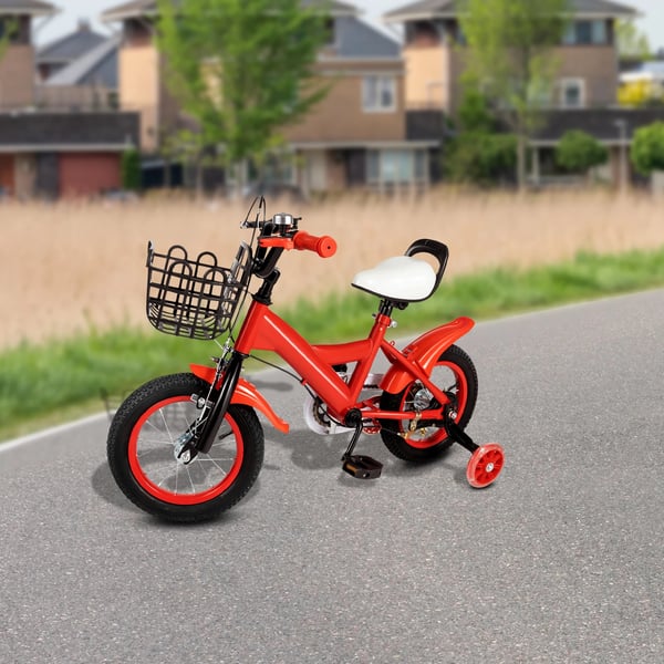 Børnecykel - 30 cm hjul - Støttehjul - Dobbeltbremse (foran kaliber, bag bånd) - Ramme i kulstofstål - Skridsikre greb - Flaskeholder - Rød