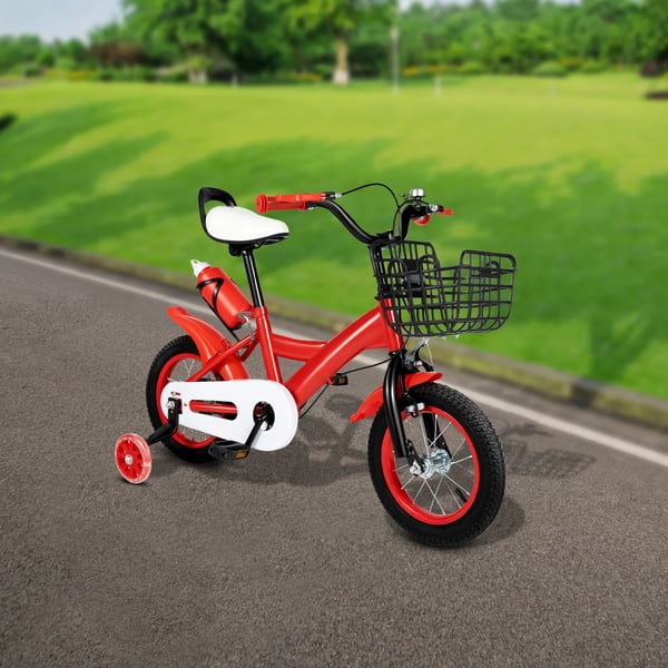 Børnecykel - 30 cm hjul - Støttehjul - Dobbeltbremse (foran kaliber, bag bånd) - Ramme i kulstofstål - Skridsikre greb - Flaskeholder - Rød