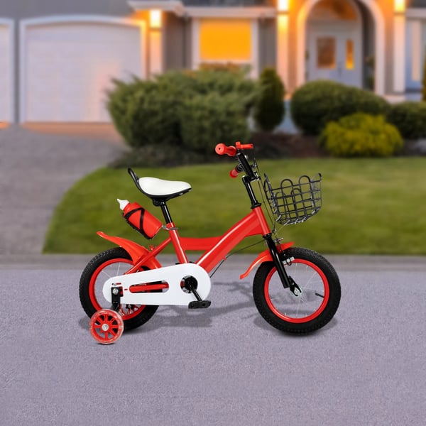 Børnecykel - 30 cm hjul - Støttehjul - Dobbeltbremse (foran kaliber, bag bånd) - Ramme i kulstofstål - Skridsikre greb - Flaskeholder - Rød