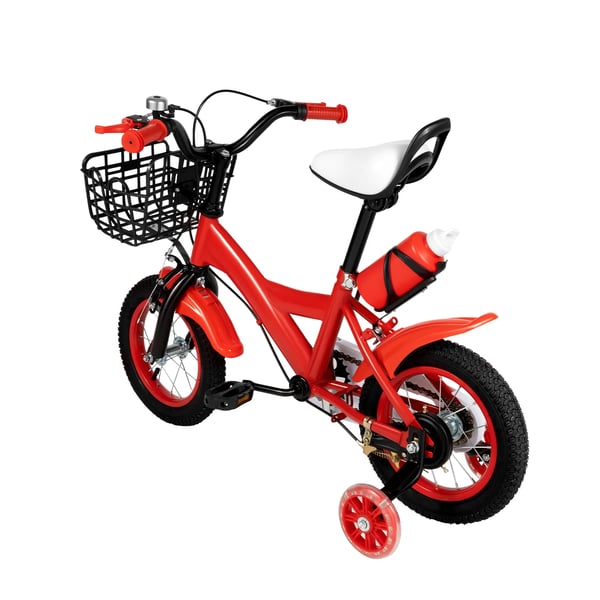 Børnecykel - 30 cm hjul - Støttehjul - Dobbeltbremse (foran kaliber, bag bånd) - Ramme i kulstofstål - Skridsikre greb - Flaskeholder - Rød