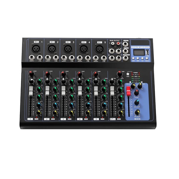 Lydmixer - DJ-mixerbord - 7 kanaler - Professionel - Netdrift - Netadapter medfølger - Til KTV, optagelse, streaming - Sort