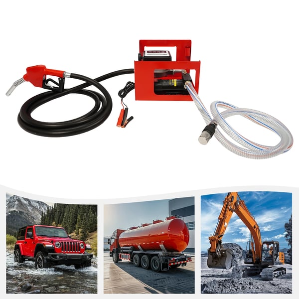 Diesel overføringspumpe - 12V 200W - Flow 45 l/min (12 GPM) - Tankpistol & flowmåler - Løftehøjde 10 m, sug 5 m - Rød