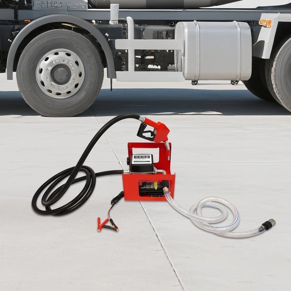 Diesel overføringspumpe - 12V 200W - Flow 45 l/min (12 GPM) - Tankpistol & flowmåler - Løftehøjde 10 m, sug 5 m - Rød