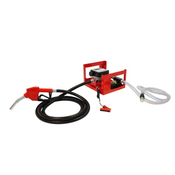 Diesel overføringspumpe - 12V 200W - Flow 45 l/min (12 GPM) - Tankpistol & flowmåler - Løftehøjde 10 m, sug 5 m - Rød