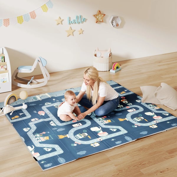 Baby lekmatta - Vändbar - Vikbar - Vadderad - Vattentät - 202 x 180,5 cm - 1 cm Tjock - Flerfärgad