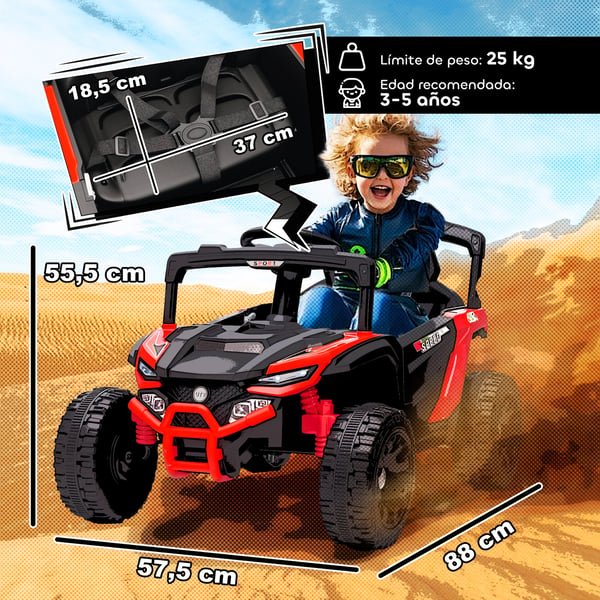 Elbil för barn - Åkbil - Batteri 12 V - Två Motorer - Fjärrstyrning 2,4G - Bakre Fjädring - Strålkastare - Musik - Röd
