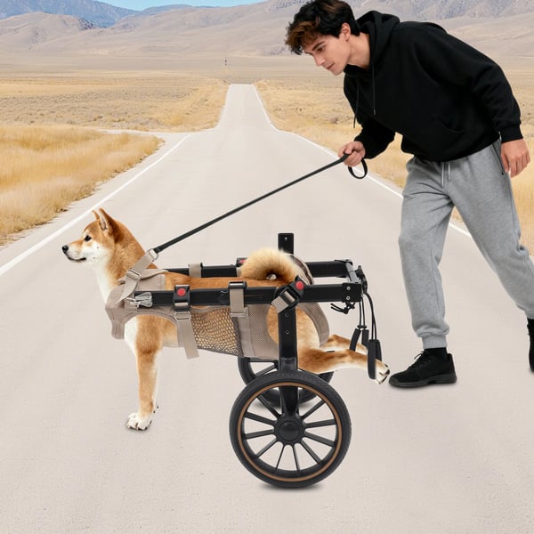 Hundekørestol - Rehabiliteringsvogn - Justerbar - Bagbensstøtte - Let aluminiumsramme - Transportabel - Sort