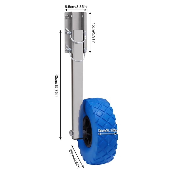 Bådtrailer - Akterhjul til oppustelig båd - 25 cm hjuldiameter - Max 150 kg - Beslag 15×8,5 cm - Rustfrit stål + plast - Blå