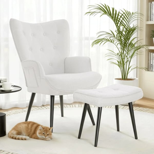 Recliner-lænestol 2-i-1 med fodskammel - TV-stol/øreklapstol - Lænefunktion - Stofpolstret - Moderne design - Hvid