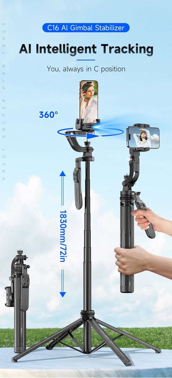 C16 - Gimbal-stabilisator til actionkamera - 360° rotation - Anti-shake stabilisering - Kulstoffiber - Foldet længde 13,8 cm - Fjernbetjening - Sort