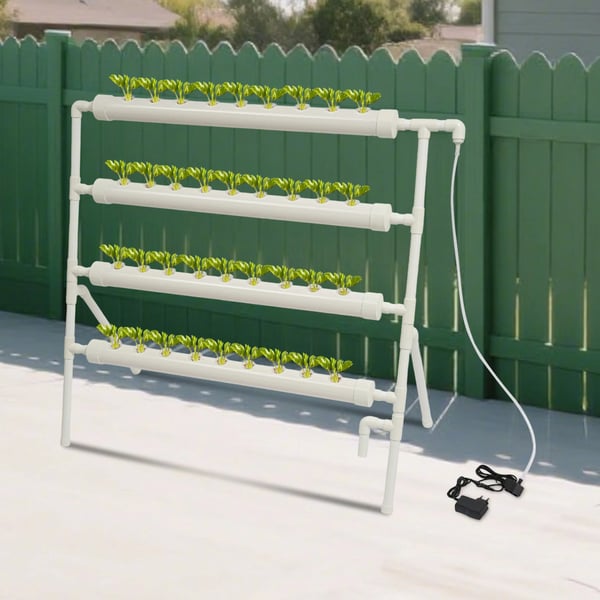 Hydroponisk dyrkningsstativ - 4 niveauer 36 plantepladser - PVC-U - Vandpumpe DC 12V 4W - 220V/50Hz, inkl. 2 strømforsyninger - Komplet sæt - Hvid