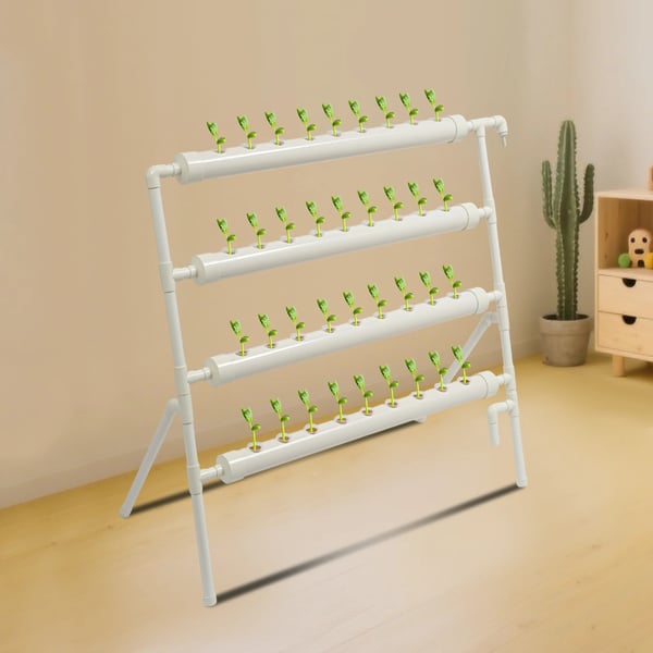 Hydroponisk dyrkningsstativ - 4 niveauer 36 plantepladser - PVC-U - Vandpumpe DC 12V 4W - 220V/50Hz, inkl. 2 strømforsyninger - Komplet sæt - Hvid