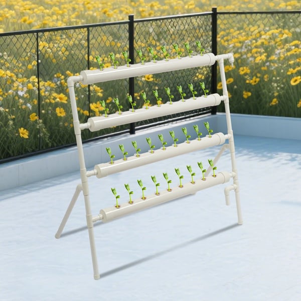 Hydroponisk dyrkningsstativ - 4 niveauer 36 plantepladser - PVC-U - Vandpumpe DC 12V 4W - 220V/50Hz, inkl. 2 strømforsyninger - Komplet sæt - Hvid