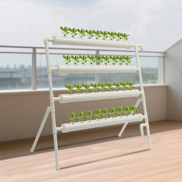 Hydroponisk dyrkningsstativ - 4 niveauer 36 plantepladser - PVC-U - Vandpumpe DC 12V 4W - 220V/50Hz, inkl. 2 strømforsyninger - Komplet sæt - Hvid