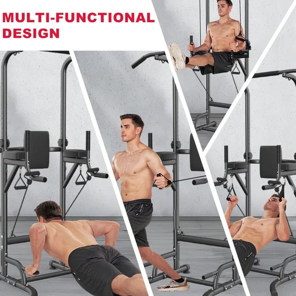 Power Tower - Pull Up & Dip Station - Højde 183–233 cm - 10 niveauer - Belastning 150 kg - 101×93×234 cm - Stålramme - Sort