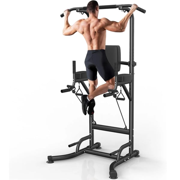 Power Tower - Pull Up & Dip Station - Højde 183–233 cm - 10 niveauer - Belastning 150 kg - 101×93×234 cm - Stålramme - Sort