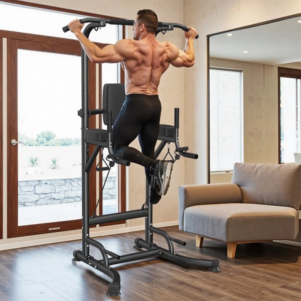 Power Tower - Pull Up & Dip Station - Højde 183–233 cm - 10 niveauer - Belastning 150 kg - 101×93×234 cm - Stålramme - Sort