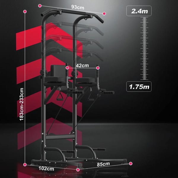Power Tower - Pull Up & Dip Station - Højde 183–233 cm - 10 niveauer - Belastning 150 kg - 101×93×234 cm - Stålramme - Sort