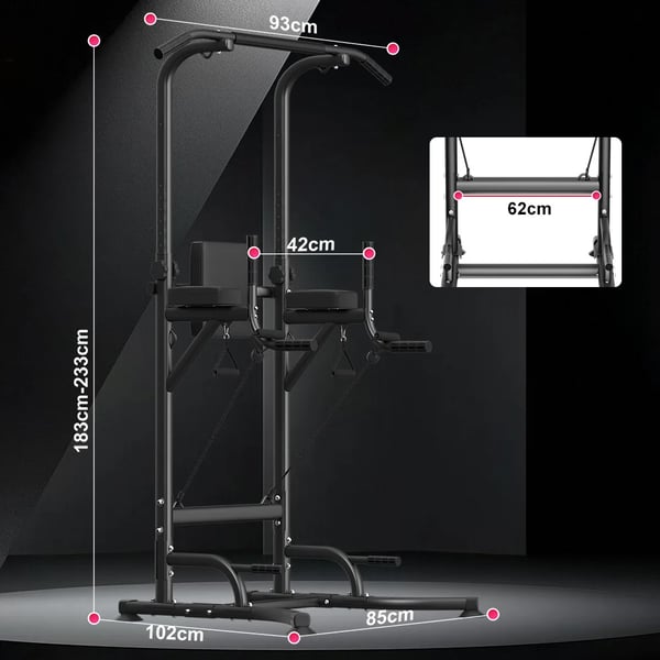 Power Tower - Pull Up & Dip Station - Højde 183–233 cm - 10 niveauer - Belastning 150 kg - 101×93×234 cm - Stålramme - Sort