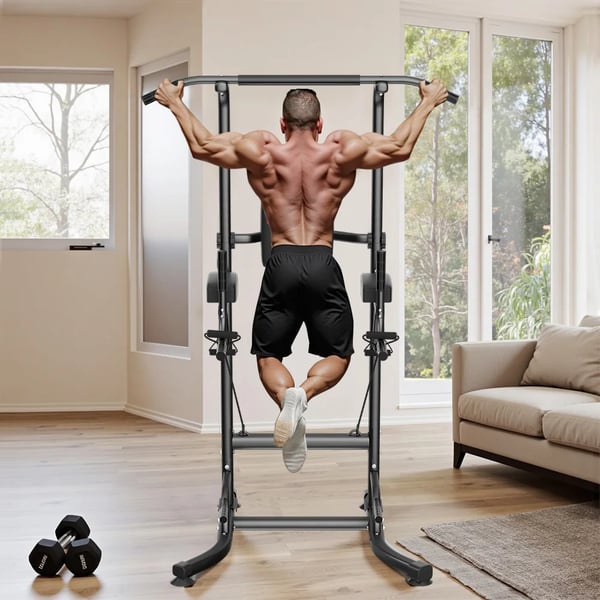 Power Tower - Pull Up & Dip Station - Højde 183–233 cm - 10 niveauer - Belastning 150 kg - 101×93×234 cm - Stålramme - Sort