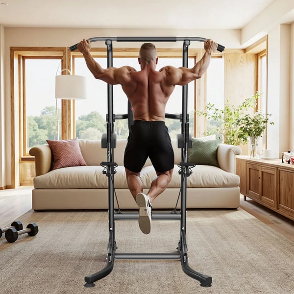 Power Tower - Pull Up & Dip Station - Højde 183–233 cm - 10 niveauer - Belastning 150 kg - 101×93×234 cm - Stålramme - Sort