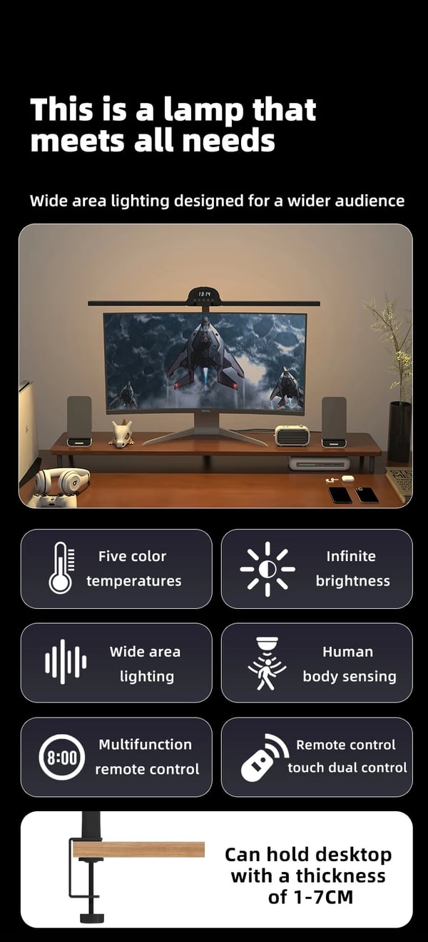 Smart LED skrivebordslampe - TB-125SXTR-G-04X - 12 W - 5 Farvetemperaturer - Dæmpbar - Bevægelsessensor - Fjernbetjening & Touch - Uden pære - Sort