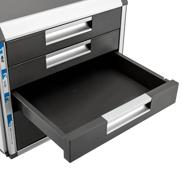 Skrivebordsopbevaring - Bordmodul med 4 skuffer - Aluminium & MDF - Mål 31,5×35×29,8 cm - Skuffehøjder 5/5/5/10 cm - Samling påkrævet - Sølv
