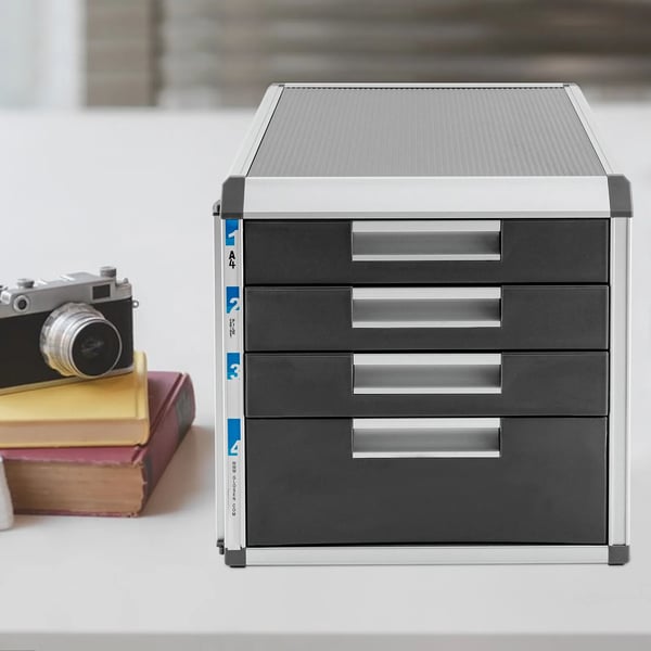 Skrivebordsopbevaring - Bordmodul med 4 skuffer - Aluminium & MDF - Mål 31,5×35×29,8 cm - Skuffehøjder 5/5/5/10 cm - Samling påkrævet - Sølv