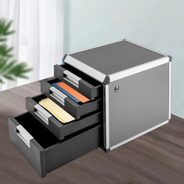 Skrivebordsopbevaring - Bordmodul med 4 skuffer - Aluminium & MDF - Mål 31,5×35×29,8 cm - Skuffehøjder 5/5/5/10 cm - Samling påkrævet - Sølv