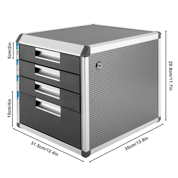 Skrivebordsopbevaring - Bordmodul med 4 skuffer - Aluminium & MDF - Mål 31,5×35×29,8 cm - Skuffehøjder 5/5/5/10 cm - Samling påkrævet - Sølv