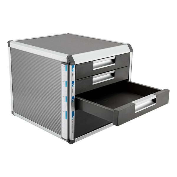 Skrivebordsopbevaring - Bordmodul med 4 skuffer - Aluminium & MDF - Mål 31,5×35×29,8 cm - Skuffehøjder 5/5/5/10 cm - Samling påkrævet - Sølv