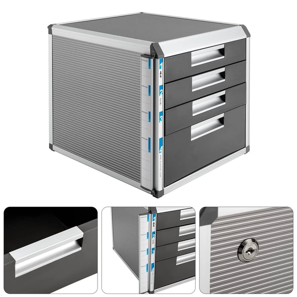 Skrivebordsopbevaring - Bordmodul med 4 skuffer - Aluminium & MDF - Mål 31,5×35×29,8 cm - Skuffehøjder 5/5/5/10 cm - Samling påkrævet - Sølv