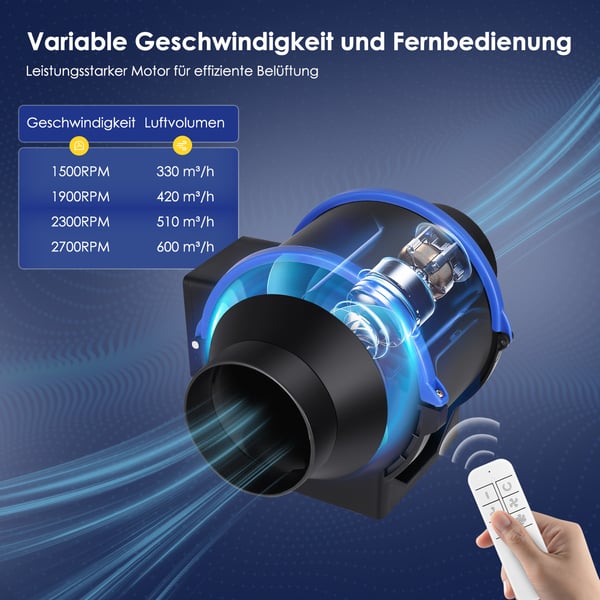 Kanalventilator - Inline rørventilator 150 mm - Justerbar hastighed - Fjernbetjening - 220V EU - CE-godkendt - Badeværelse/Toilet - Sort