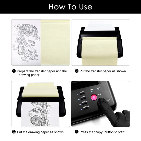 Tatovering overførselsmaskine - Termisk stencilprinter - Elektrisk - Kopimaskine - Med 10 stk transferpapir - Sort
