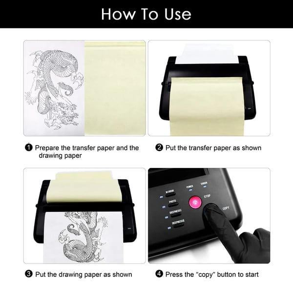 Tatovering overførselsmaskine - Termisk stencilprinter - Elektrisk - Kopimaskine - Med 10 stk transferpapir - Sort
