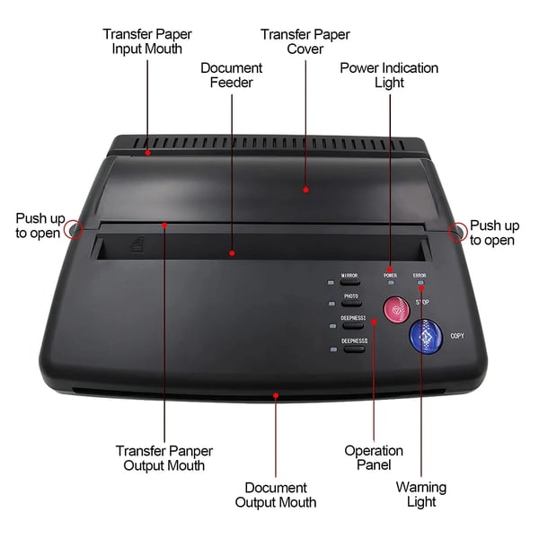 Tatovering overførselsmaskine - Termisk stencilprinter - Elektrisk - Kopimaskine - Med 10 stk transferpapir - Sort
