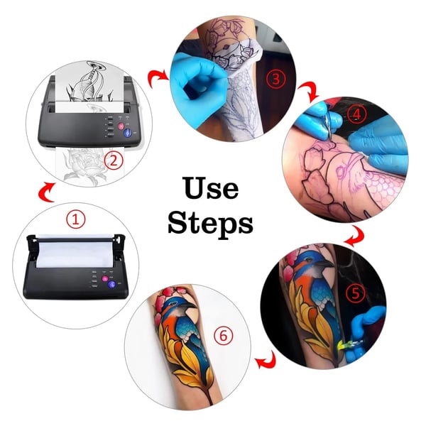 Tatovering overførselsmaskine - Termisk stencilprinter - Elektrisk - Kopimaskine - Med 10 stk transferpapir - Sort