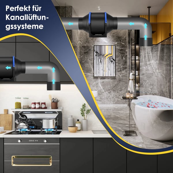 Kanalventilator - Inline Rørventilator 150 mm - 4 Hastigheder - Lav Støj - Udsug til Badeværelse/Toilet - 220V EU - Sort