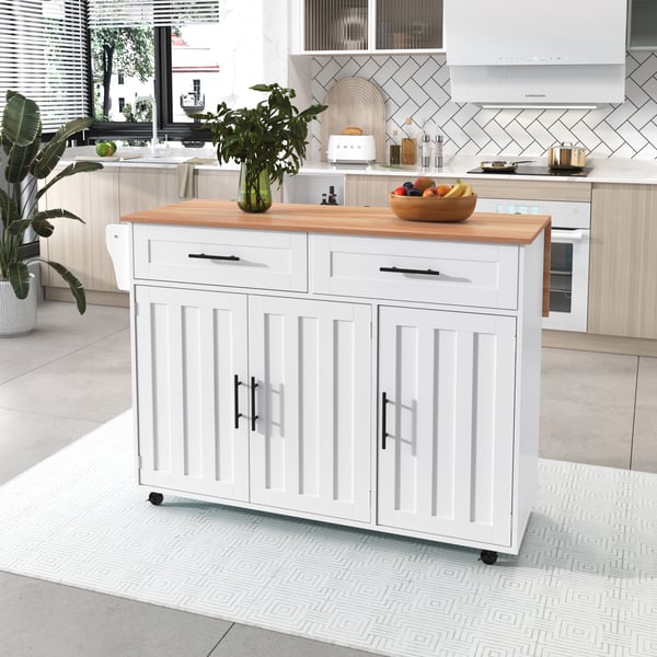 Køkkenø - Serveringsvogn - Klapbar bordplade - Hjul - Skab og 2 skuffer - 129×46(71)×91,5 cm - Hvid