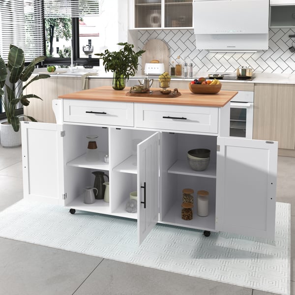 Køkkenø - Serveringsvogn - Klapbar bordplade - Hjul - Skab og 2 skuffer - 129×46(71)×91,5 cm - Hvid