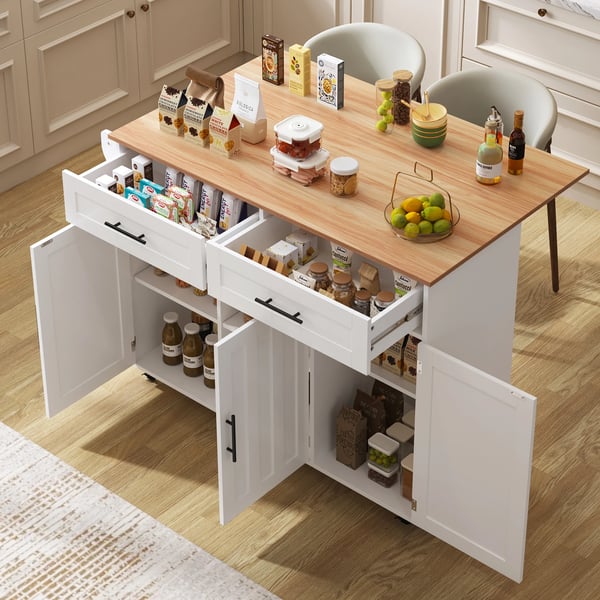 Køkkenø - Serveringsvogn - Klapbar bordplade - Hjul - Skab og 2 skuffer - 129×46(71)×91,5 cm - Hvid