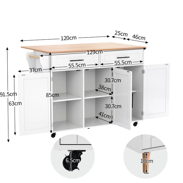 Køkkenø - Serveringsvogn - Klapbar bordplade - Hjul - Skab og 2 skuffer - 129×46(71)×91,5 cm - Hvid